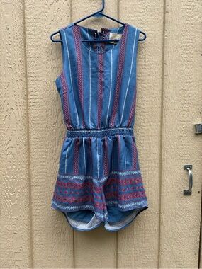 Moon River Blue Striped Romper with Red Accents - fits Medium/Large